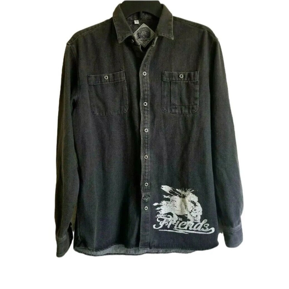 Amongst Friends Button 2 Pockets Skull Graphics Shirt & Cuffs Black size M Men's